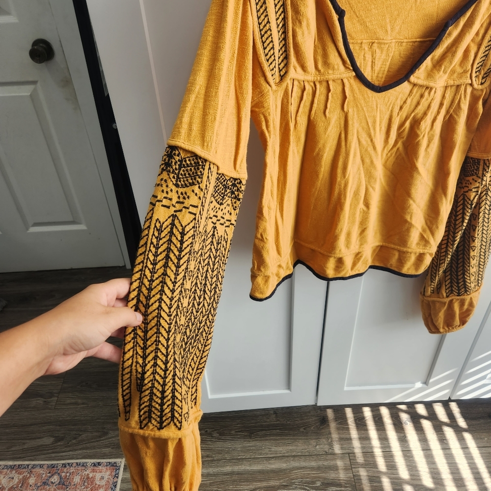Free People Island Hopper Orange Embroidered Balloon Sleeve Top Boho - Picture 5 of 10